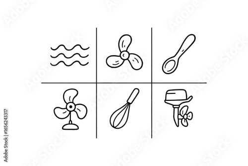 hand drawn cute doodle ink line art style line monochrome monochrome isolated on white background wave propeller (uses): rotating propelling stirring mixing circulating driving
