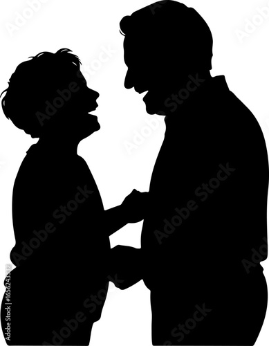 A joyful silhouette of a grandparent and grandchild facing each other, both with heads slightly tilted back in laughter