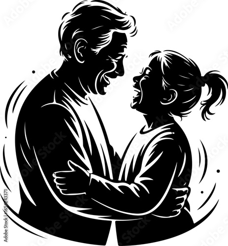 A joyful silhouette of a grandparent and grandchild facing each other, both with heads slightly tilted back in laughter