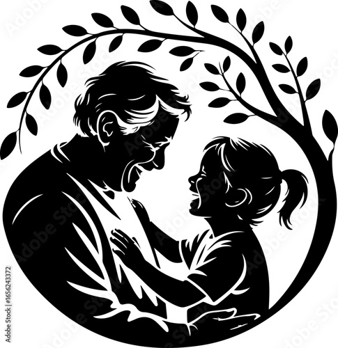 A joyful silhouette of a grandparent and grandchild facing each other, both with heads slightly tilted back in laughter