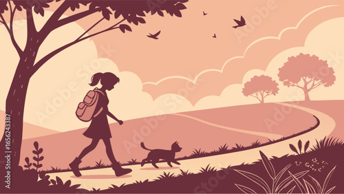 Girl hiking with dog vector illustration outdoor nature scene landscape adventure travel backpacking silhouette art