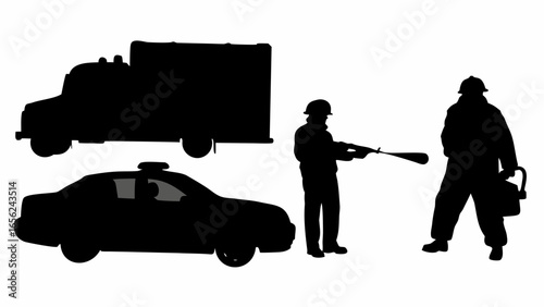 Silhouette of emergency vehicles including a truck a police car and emergency personnel in various positions