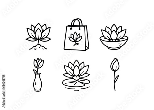 hand drawn cute doodle ink line art style line monochrome monochrome isolated on white background lotus flower (uses): planting gifting arranging decorating growing breeding