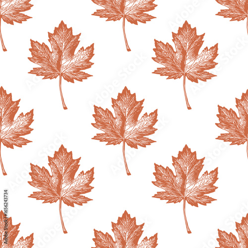 Linocut illustration seamless pattern of maple leaves showcasing intricate details and natural forms