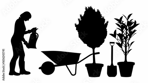 Silhouette of a woman watering plants with a wheelbarrow shovel and potted trees in a garden setting outdoors