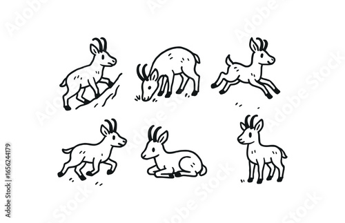 hand drawn cute doodle ink line art style line monochrome monochrome isolated on white background chamois (behaviors): climbing grazing leaping running resting watching
