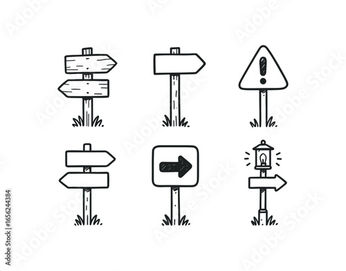 hand drawn cute doodle ink line art style line monochrome monochrome isolated on white background trail guidepost (uses): guiding marking warning signaling directing informing