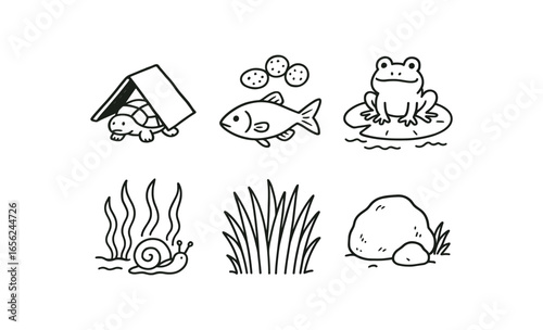 hand drawn cute doodle ink line art style line monochrome monochrome isolated on white background river backwater (roles): sheltering spawning feeding filtering cooling hiding
