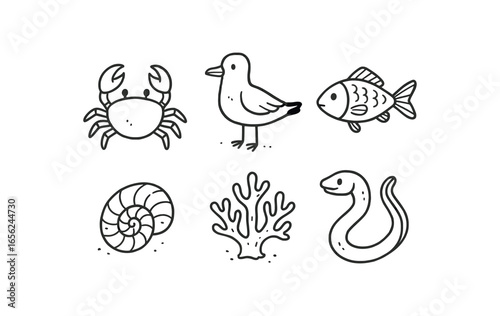 hand drawn cute doodle ink line art style line monochrome monochrome isolated on white background tidal shoal (life): crab gull fish coral eel
