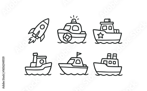 hand drawn cute doodle ink line art style line monochrome monochrome isolated on white background rapid launch craft (uses): chasing rescuing patrolling towing escorting transporting