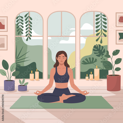 Serene Female in Yoga Pose  Peaceful Wellness Meditation Scene with Candles, Plants, and Soft Natural Light, Perfect for Blogs & Product Design