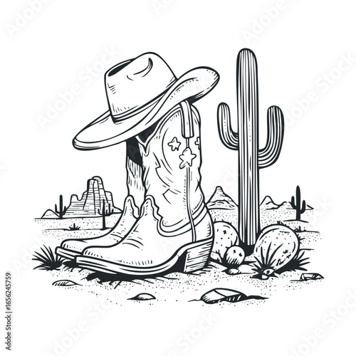 Cowboy boots and sombrero in a desert landscape surrounded by cacti