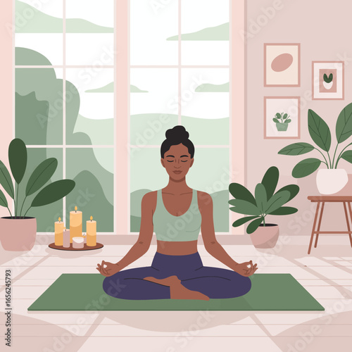 Serene Female in Yoga Pose  Peaceful Wellness Meditation Scene with Candles, Plants, and Soft Natural Light, Perfect for Blogs & Product Design