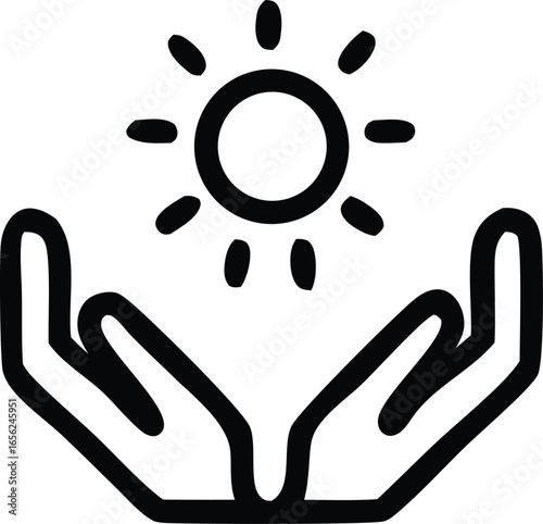 Stylized icon of cupped hands gently holding a radiant sun symbolizing hope protection and positive energy
