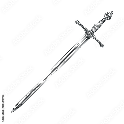 Detailed illustration of a medieval sword with ornate hilt design