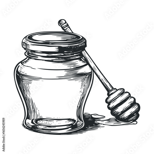 Classic honey jar with wooden dipper for culinary uses and decorations