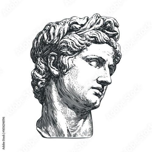 Ancient sculpture of a male figure with detailed features and curls