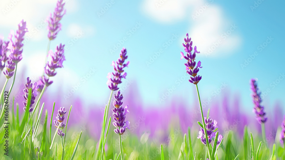 Fototapeta premium Lavender flowers bloom in vibrant field under bright blue sky, creating serene and peaceful atmosphere