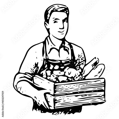 Male Grocer Holding Crate of Vegetables Engraving