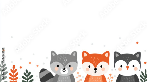 Cute forest animals fox wolf owl cartoon style with soft colors and playful expression on white background