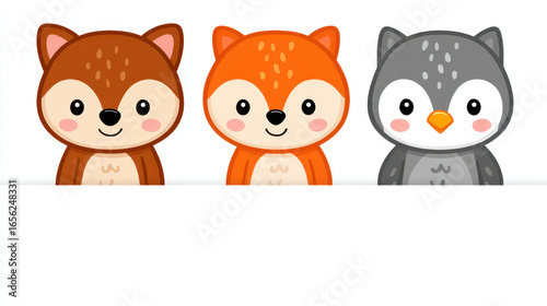 Cute forest animals squirrel fox owl cartoon style with happy expressions in bright colors on white background