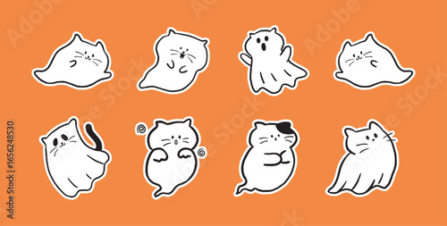 halloween ghost cat characters, adorable ghost cat doodles set with cute expressions and playful halloween theme on orange background, perfect for seasonal stickers or fun digital decorations