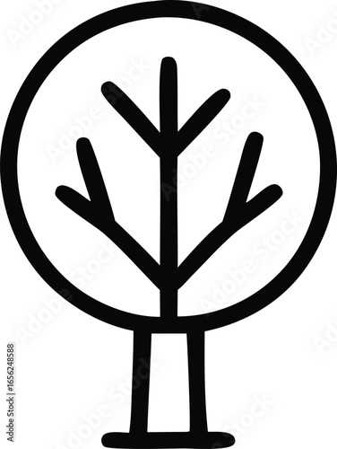 Simple hand drawn black and white outline of a stylized tree with a thick trunk and broad canopy
