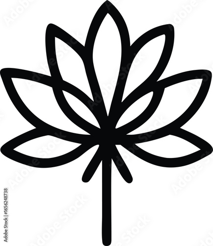 Stylized black outline of a cannabis leaf with a simple stem against a white background