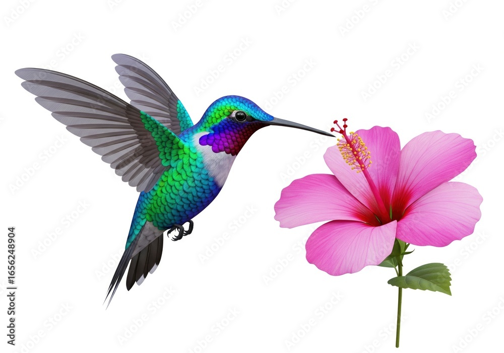 Obraz premium A hummingbird hovering near a pink hibiscus flower poised to drink nectar with its long beak