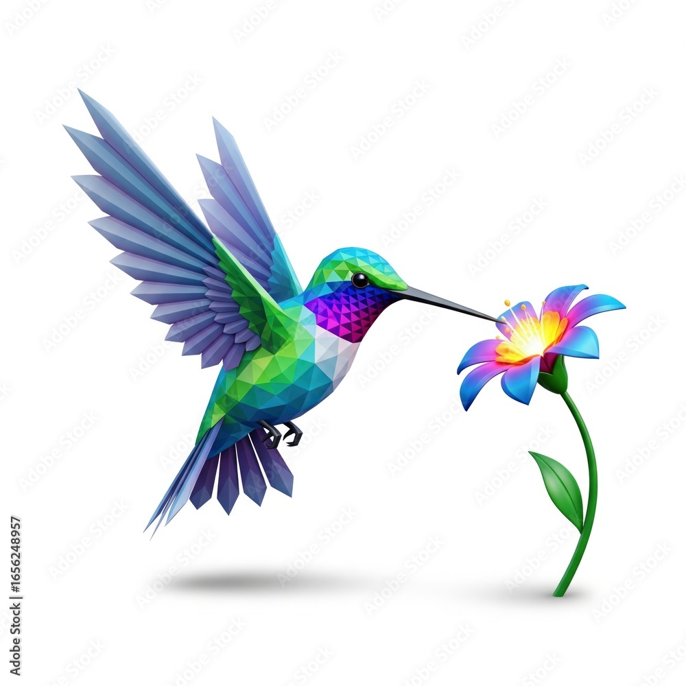 Fototapeta premium A multicolored hummingbird is drinking nectar from a blue and yellow flower