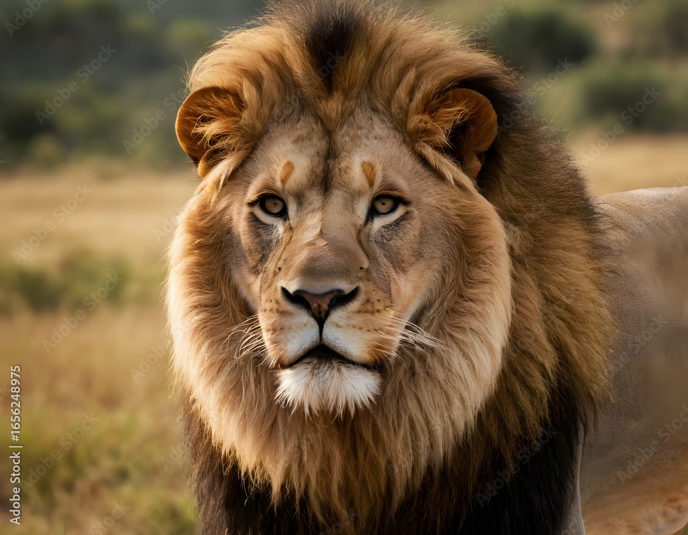 Fototapeta premium Lion of Judah, exuding strength and power. Christian conceptual illustration.. portrait of a male lion