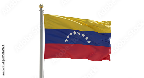 Venezuelan national flag waving on a silver flagpole against white background, symbol of Venezuela and patriotism