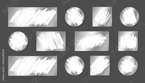 Silver scratch card lottery panels with prize areas for instant win games. Rectangular, square and circular shapes with textured surfaces for coin scratching to reveal rewards or promotional codes.