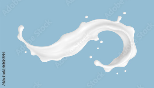 Realistic milk splash wave on blue background. Vector dairy concept