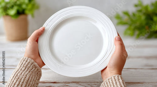 Hand places note on empty plate, minimalist dining concept for communication and messages