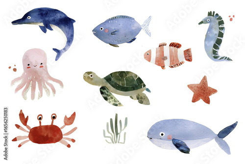 Watercolor illustration set of ocean animals including fish, crab, dolphin, and octopus. Hand-painted in a soft, playful style with vibrant colors and artistic detail. Ideal for marine-themed designs,
