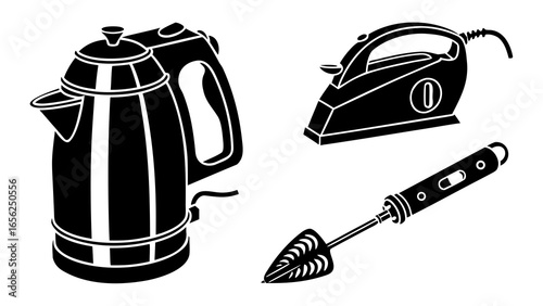 Black silhouette icons of a modern electric kettle a steam iron and a soldering iron on a white background