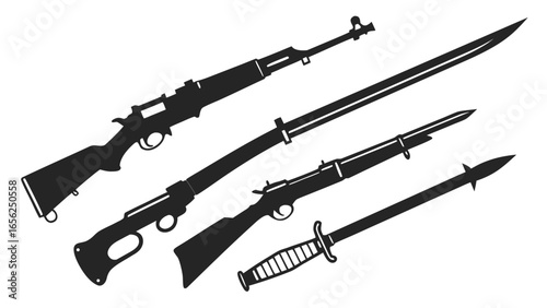 Collection of antique rifle silhouettes with bayonets and a dagger on a white background