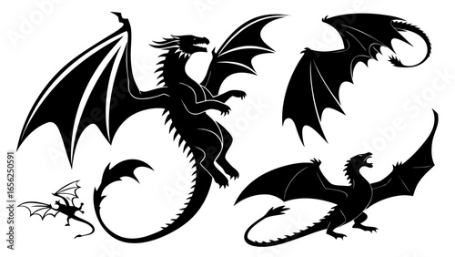 Collection of black dragon silhouettes in various dynamic poses with large wings