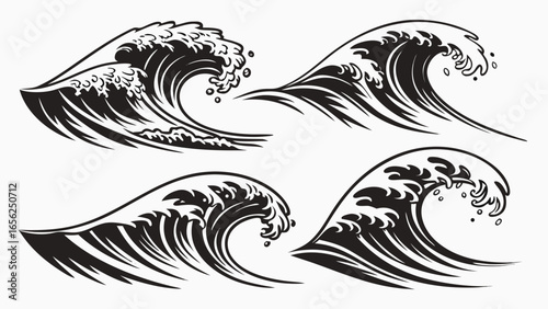 Collection of four stylized black and white ocean waves in a japanese art style