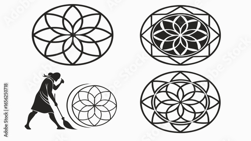 Collection of geometric floral patterns and a silhouette of a woman sweeping