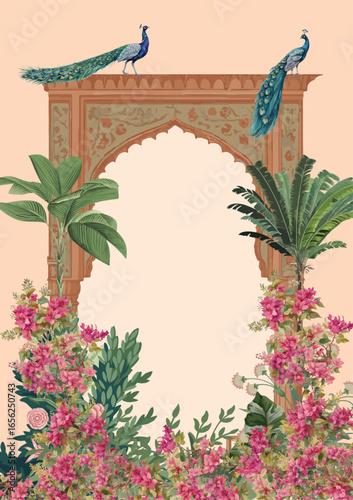 Mughal Wedding Card Design, Indian Wedding card, Arch, Mughal Garden, Flower, Peacock.