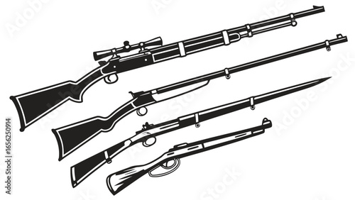 Collection of vintage and modern rifles and shotguns displayed in a graphic illustration