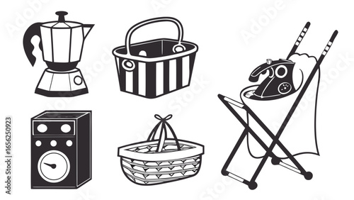 Collection of vintage household objects including a coffee maker baskets a speaker and an ironing board with iron