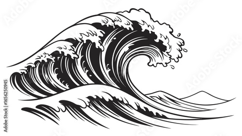 Dynamic black and white illustration of a powerful ocean wave crashing with foam and spray