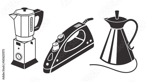 Set of three black and white isometric icons representing a blender an iron and a coffee maker
