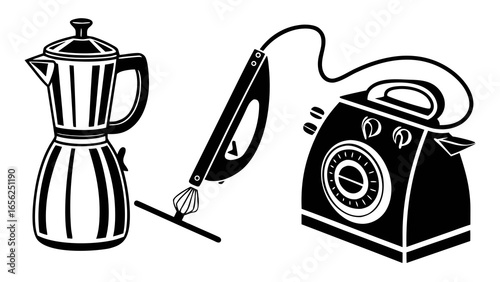 Retro kitchen appliances including a stovetop coffee maker hand mixer and toaster oven in black and white