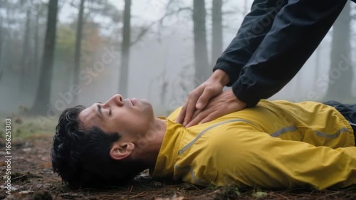 Person performing chest compressions on someone lying down outdoors