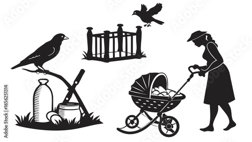 Silhouette of a mother pushing a baby stroller with birds and a cage in the background