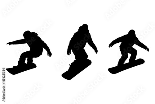 silhouettes of snowboarders carving through snow, showcasing their skill and agility